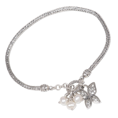 Cultured pearl charm bracelet, 'Sparkling Butterfly' - Hand Made Butterfly Pearl Charm Bracelet from Indonesia