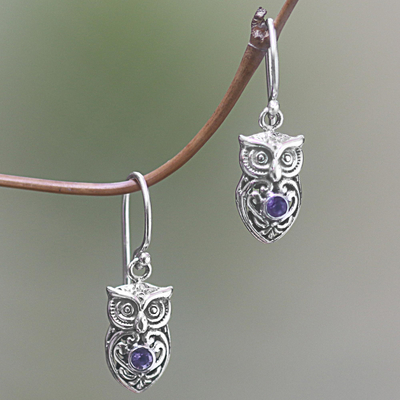 Amethyst dangle earrings, 'Owl Heart in Purple' - Amethyst Sterling Silver Owl Dangle Earrings from Indonesia