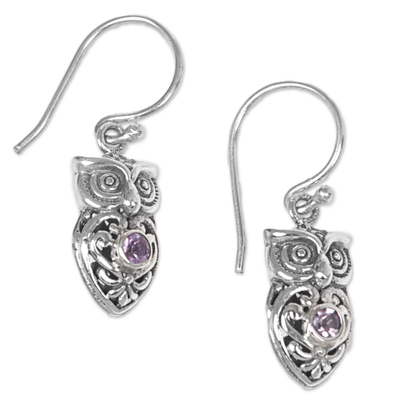 Amethyst dangle earrings, 'Owl Heart in Purple' - Amethyst Sterling Silver Owl Dangle Earrings from Indonesia