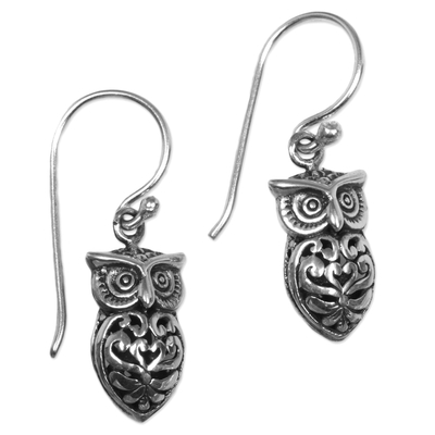 Sterling silver dangle earrings, 'Owl Heart' - Hand Made Sterling Silver Owl Dangle Earrings from Indonesia