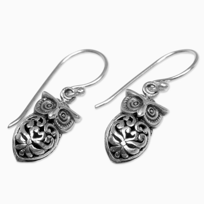 Sterling silver dangle earrings, 'Owl Heart' - Hand Made Sterling Silver Owl Dangle Earrings from Indonesia