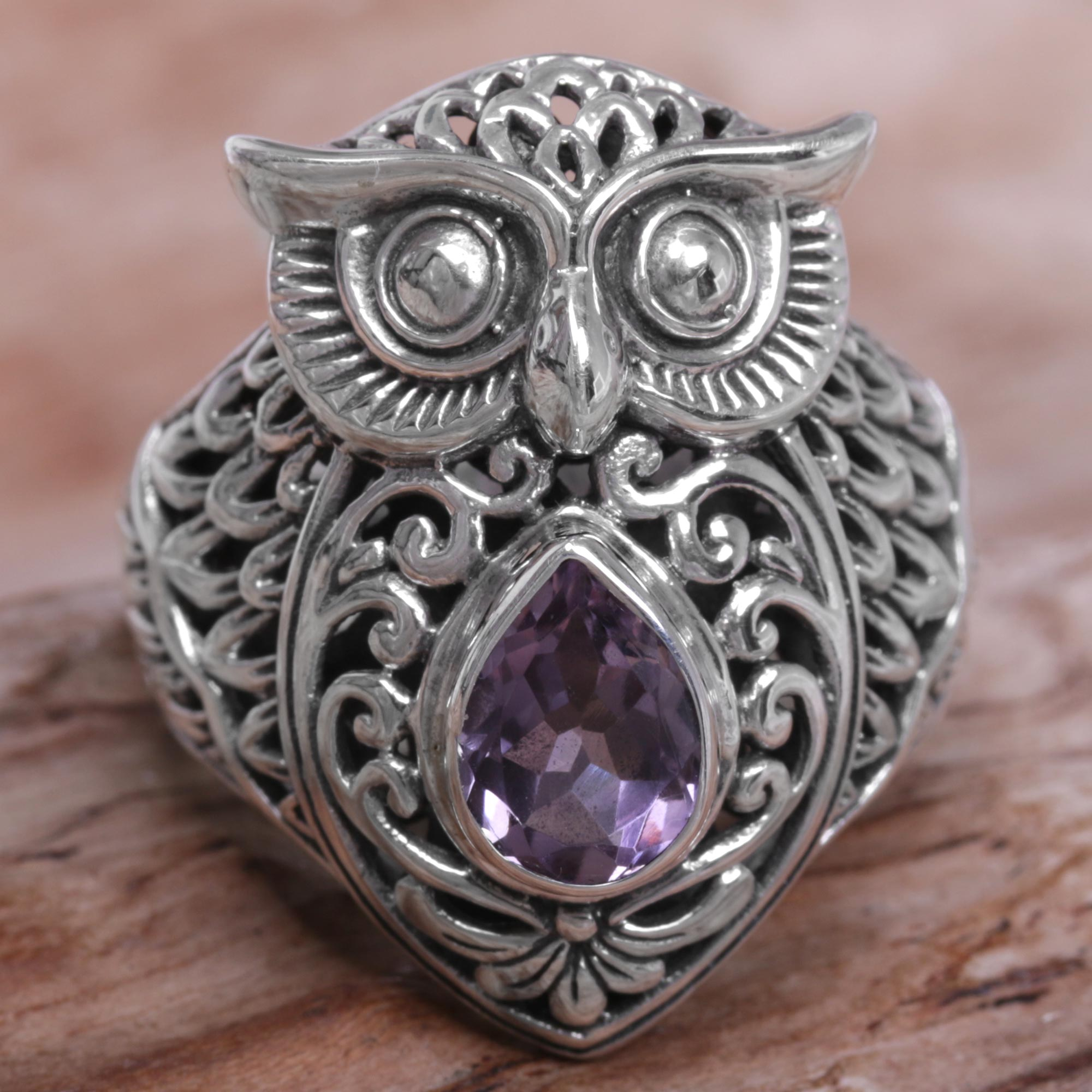 Amethyst Sterling Silver Owl Cocktail Ring from Indonesia
