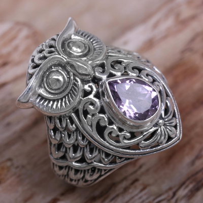 Amethyst cocktail ring, 'Amethyst Owl' - Amethyst Sterling Silver Owl Cocktail Ring from Indonesia