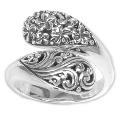 Sterling silver wrap ring, 'Fern and Flower' - Hand Made Sterling Silver Wrap Ring Floral Motif Indonesia