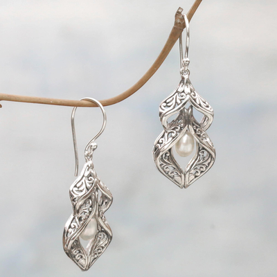 Cultured pearl dangle earrings, 'Pearl Curves' - Sterling Silver Cultured Pearl Dangle Earrings