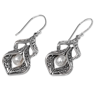 Cultured pearl dangle earrings, 'Pearl Curves' - Sterling Silver Cultured Pearl Dangle Earrings