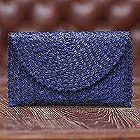 Palm leaf clutch handbag, 'Trance in Navy Blue' - Handmade Palm Leaf Fiber Clutch Handbag Indonesia in Blue