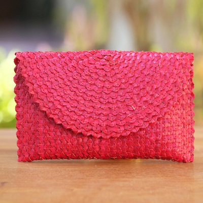 Palm leaf clutch handbag, 'Trance in Ruby Red' - Hand Made Palm Leaf Fiber Clutch Handbag Indonesia