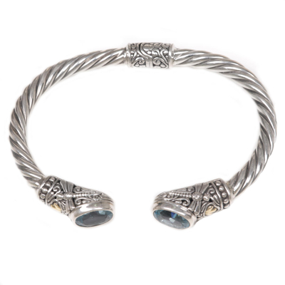 Gold accented blue topaz cuff bracelet, 'Dragonfly Den in Blue' - Gold Accent Blue Topaz Cuff Bracelet from Indonesia