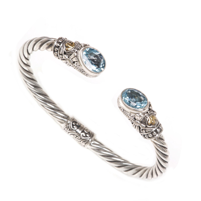 Gold accented blue topaz cuff bracelet, 'Dragonfly Den in Blue' - Gold Accent Blue Topaz Cuff Bracelet from Indonesia