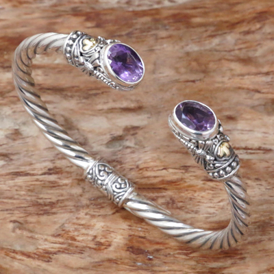 Gold accented amethyst cuff bracelet, Dragonfly Den in Purple