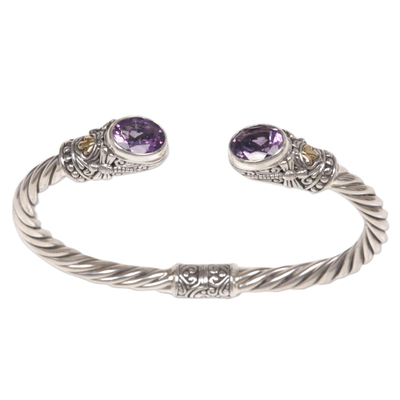 Gold accented amethyst cuff bracelet, 'Dragonfly Den in Purple' - Hand Made Gold Accent Amethyst Cuff Bracelet Indonesia