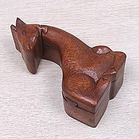 Wood puzzle box, 'Resting Giraffe' - Hand Carved Giraffe Shape Wood Puzzle Box from Indonesia