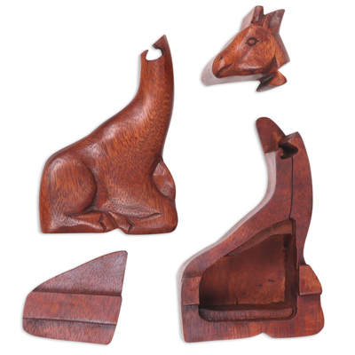 Wood puzzle box, 'Resting Giraffe' - Hand Carved Giraffe Shape Wood Puzzle Box from Indonesia