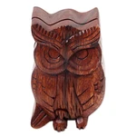 Wood puzzle box, 'Serious Owl' - Hand Carved Wood Puzzle Box Owl Shape from Indonesia
