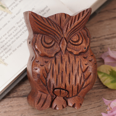 Wood puzzle box, 'Serious Owl' - Hand Carved Wood Puzzle Box Owl Shape from Indonesia