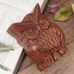 Wood puzzle box, 'Serious Owl' - Hand Carved Wood Puzzle Box Owl Shape from Indonesia