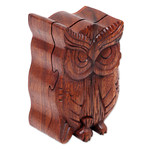 Wood puzzle box, 'Serious Owl' - Hand Carved Wood Puzzle Box Owl Shape from Indonesia