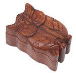 Wood puzzle box, 'Serious Owl' - Hand Carved Wood Puzzle Box Owl Shape from Indonesia