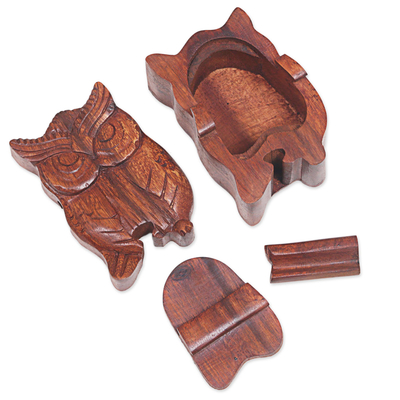 Wood puzzle box, 'Serious Owl' - Hand Carved Wood Puzzle Box Owl Shape from Indonesia