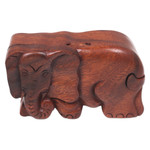 Wood puzzle box, 'Staring Elephant' - Hand Carved Wood Puzzle Box Elephant Shape from Indonesia
