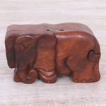 Wood puzzle box, 'Staring Elephant' - Hand Carved Wood Puzzle Box Elephant Shape from Indonesia