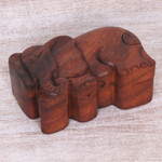 Wood puzzle box, 'Staring Elephant' - Hand Carved Wood Puzzle Box Elephant Shape from Indonesia