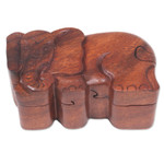 Wood puzzle box, 'Staring Elephant' - Hand Carved Wood Puzzle Box Elephant Shape from Indonesia
