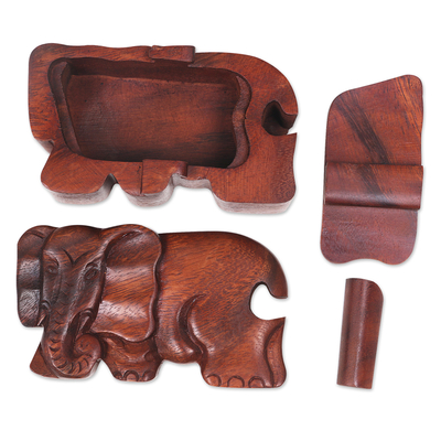 Wood puzzle box, 'Staring Elephant' - Hand Carved Wood Puzzle Box Elephant Shape from Indonesia