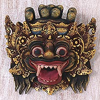 Máscara de madera, 'Bali Barong' - Máscara de madera dorada hecha a mano de Indonesia