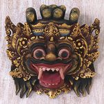 Wood mask, 'Bali Barong' - Hand Made Gold Colored Wood Mask from Indonesia