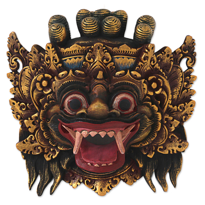Holzmaske, 'Bali Barong' - Handgefertigte goldfarbene Holzmaske aus Indonesien