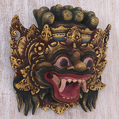 Wood mask, 'Bali Barong' - Hand Made Gold Colored Wood Mask from Indonesia