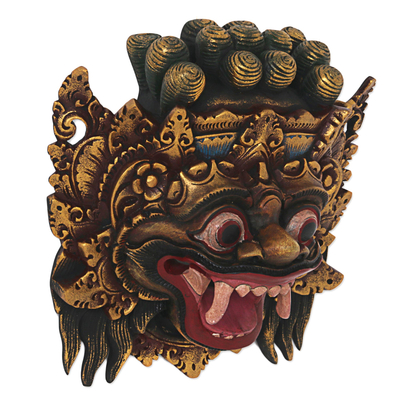 Holzmaske, 'Bali Barong' - Handgefertigte goldfarbene Holzmaske aus Indonesien