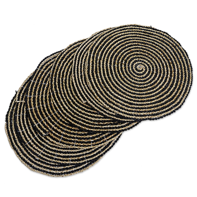 Pandan leaf placemats, 'Tabletop Spirals in Black' (set of 6) - Hand Made Spiral Placemats (Set of 6) from Indonesia