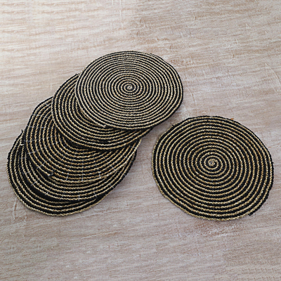 Pandan leaf placemats, 'Tabletop Spirals in Black' (set of 6) - Hand Made Spiral Placemats (Set of 6) from Indonesia