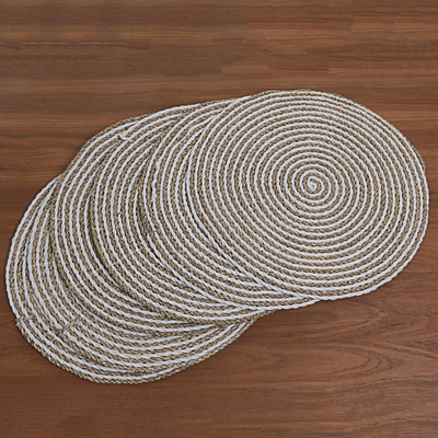 Pandan leaf placemats, 'Tabletop Spirals in White' (Set of 6) - Hand Made Spiral Placemats in White (Set of 6) Indonesia