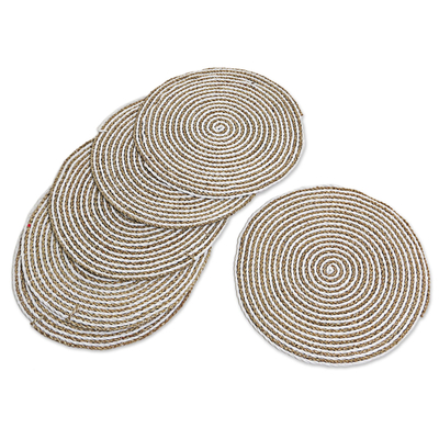 Pandan leaf placemats, 'Tabletop Spirals in White' (Set of 6) - Hand Made Spiral Placemats in White (Set of 6) Indonesia