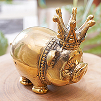 Bronze sculpture, 'King of Pigs' - Bronze Sculpture of a Pig with Crown from Indonesia