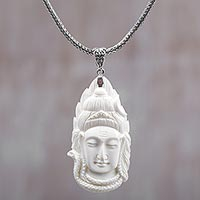 Bone and sterling silver pendant necklace, 'God Shiva' - Hand Made Bone Sterling Silver Pendant Necklace Indonesia