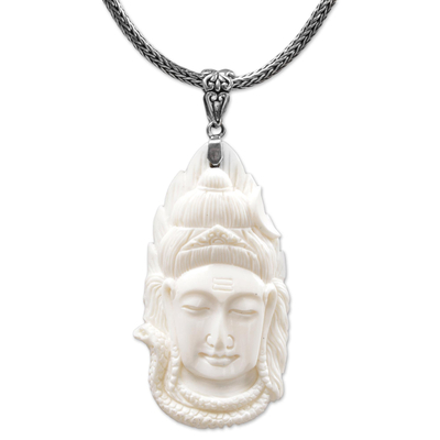 Bone and sterling silver pendant necklace, 'God Shiva' - Hand Made Bone Sterling Silver Pendant Necklace Indonesia
