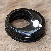 Buffalo horn cocktail ring, 'Papua Moon' - Black & White Buffalo Horn and Bone Handcrafted Ring