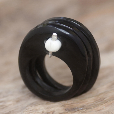 Buffalo horn cocktail ring, 'Papua Moon' - Black & White Buffalo Horn and Bone Handcrafted Ring