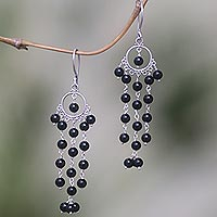 Onyx chandelier earrings, 'Dangling Hope' - Artisan Crafted Onyx and Sterling Silver Chandelier Earrings
