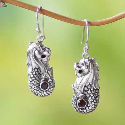 Garnet dangle earrings, 'Red Lion Fish' - Sterling Silver Garnet Merlion Dangle Earrings