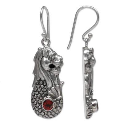 Garnet dangle earrings, 'Red Lion Fish' - Sterling Silver Garnet Merlion Dangle Earrings
