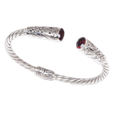 Garnet cuff bracelet, 'Refined Red' - Red Garnet Sterling Silver Cuff Bracelet Floral Rope Pattern