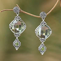 Prasiolite and peridot dangle earrings, 'Borobudur Glimmer' - Silver 925 Prasiolite and Peridot Dangle Earrings from Bali