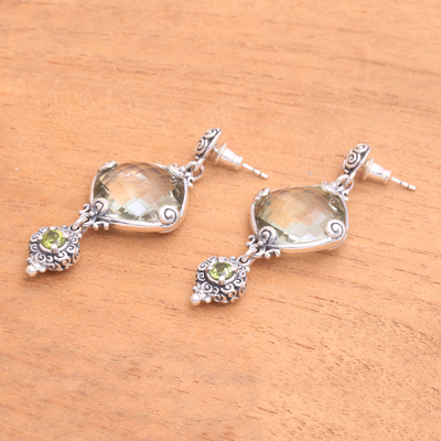 Prasiolite and peridot dangle earrings, 'Borobudur Glimmer' - Silver 925 Prasiolite and Peridot Dangle Earrings from Bali