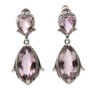 Amethyst dangle earrings, 'Magnolia Curls' - Faceted Amethyst and Silver Dangle Earrings from Bali